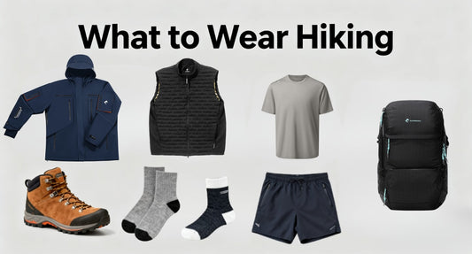 Men's hiking clothes include a waterproof jacket, vest, t-shirt, shorts, socks, hiking boots, and a backpack.