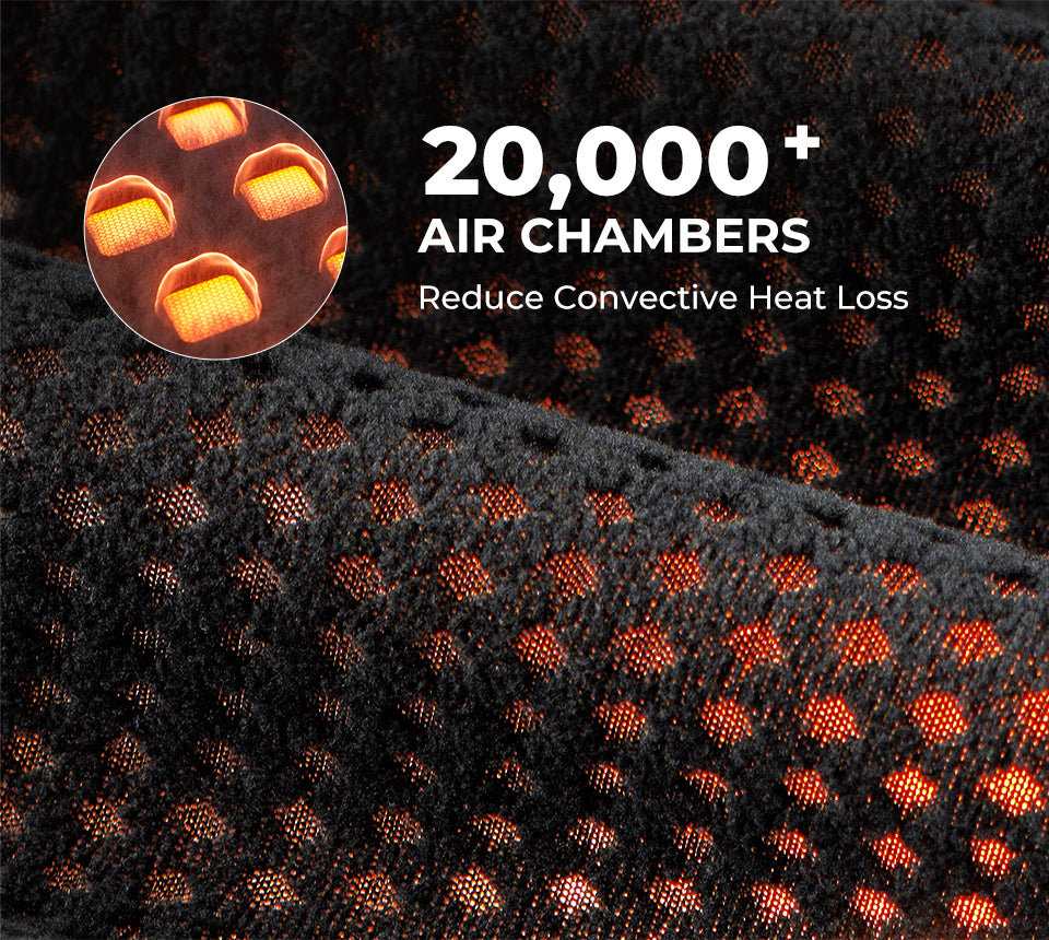 Text overlay on a textured black surface with air chambers and a close-up inset showing illuminated air chambers.