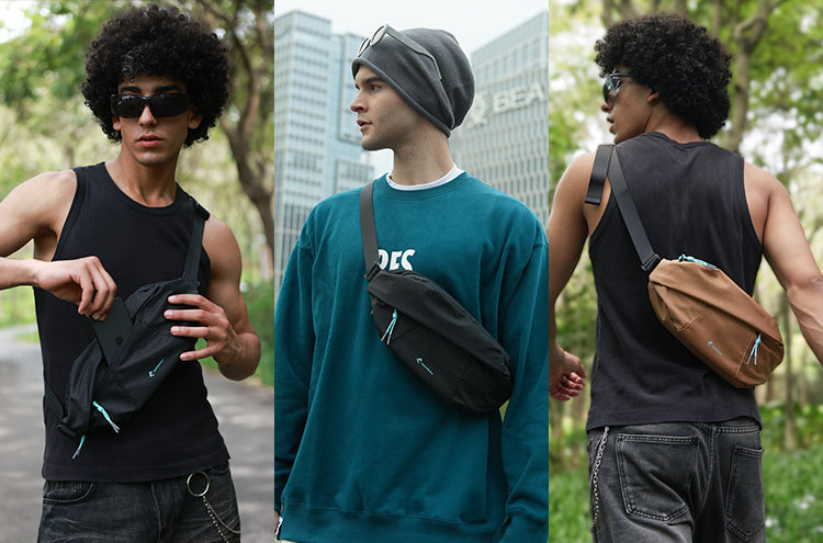 Men wearing the Alpargali All-Day Chest Bag in urban and travel settings – compact chest bag styled for everyday carry.