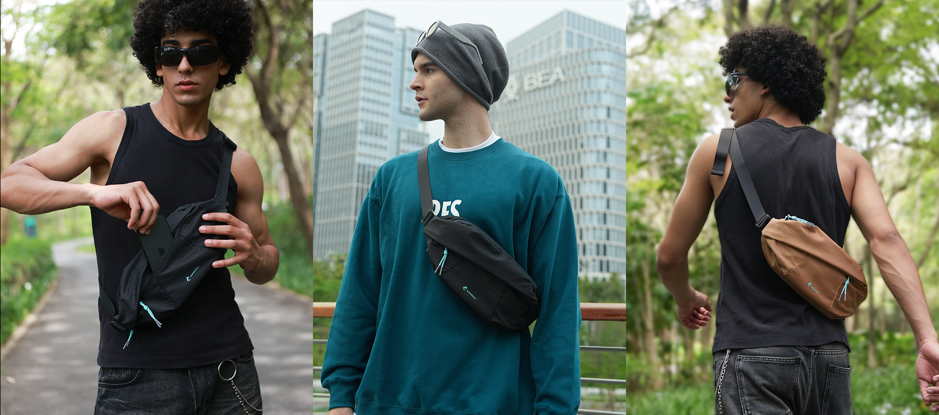 Men wearing the Alpargali All-Day Chest Bag in urban and travel settings – compact chest bag styled for everyday carry.