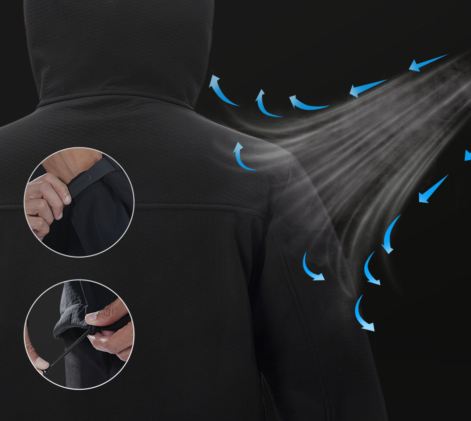 Black hoodie with moisture-wicking technology illustration on a black background