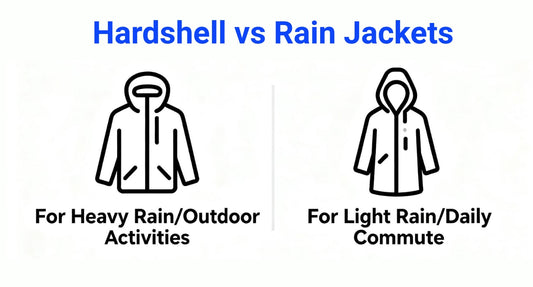 Hardshell jackets are ideal for heavy rain and outdoor activities, while rain jackets suit light rain and daily commutes.