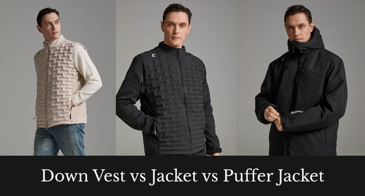 Down vest, jacket, and puffer jacket comparison for winter wear, showcasing styles and features of each option.