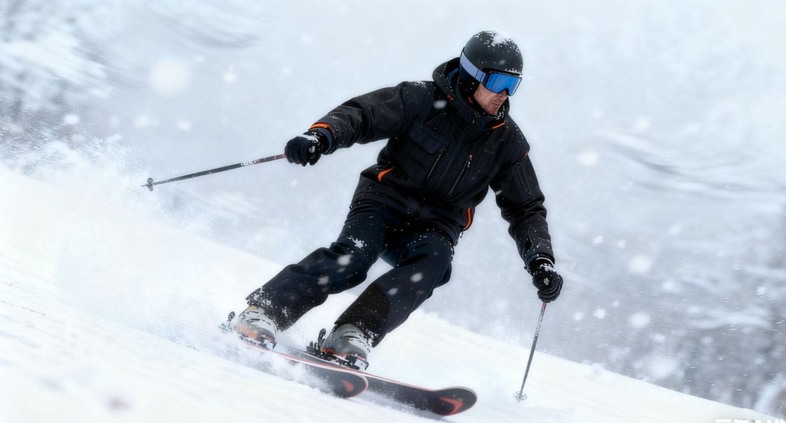 A skier in a black insulated jacket navigates through snow, showcasing the difference between shell and insulated jackets for skiing.