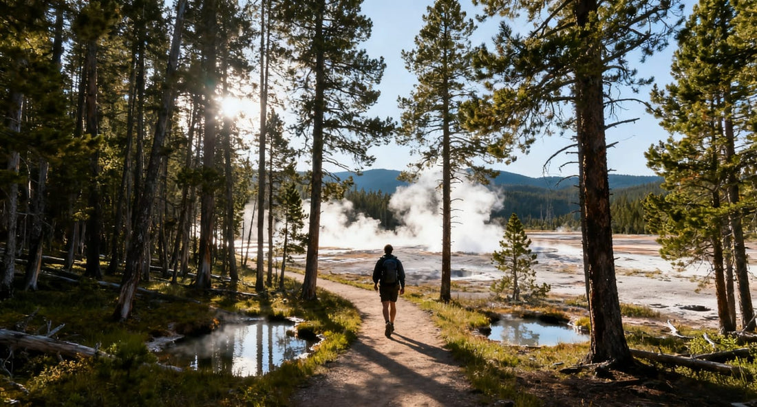 A hiker walks along a trail in Yellowstone, surrounded by trees and geothermal features, emphasizing safety and trail maps.