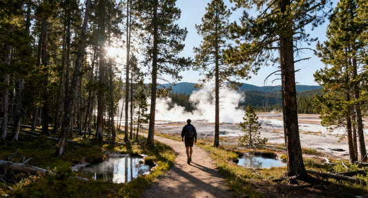 A hiker walks along a trail in Yellowstone, surrounded by trees and geothermal features, emphasizing safety and trail maps.