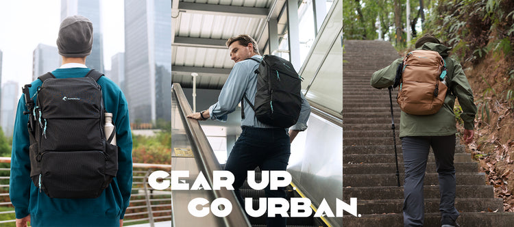 Three people wearing waterproof everyday carry backpack with the text 'Gear Up Go Urban' in an urban setting.