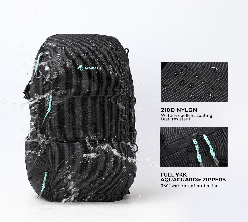 Waterproof outdoor backpack with water-repellent zippers and 210D nylon fabric