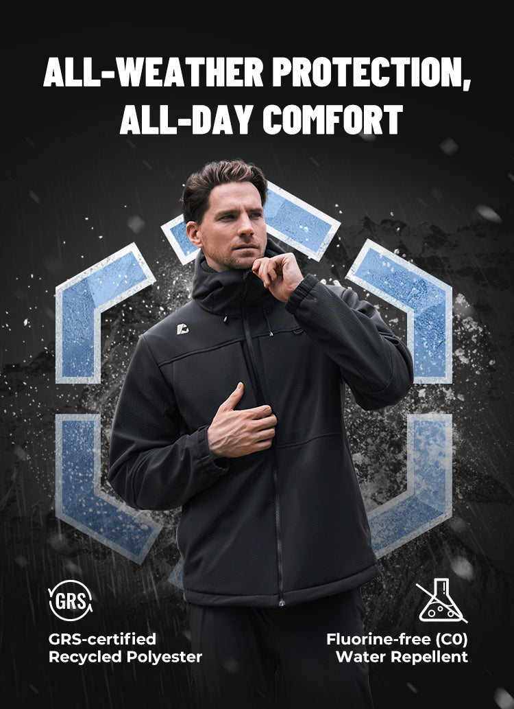 Man wearing a black jacket with text about all-weather protection and comfort, set against a dark background with water droplets.