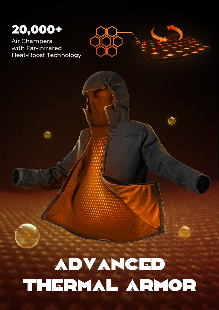 Advanced thermal armor with text about air chambers and heat-boost technology on a dark background.