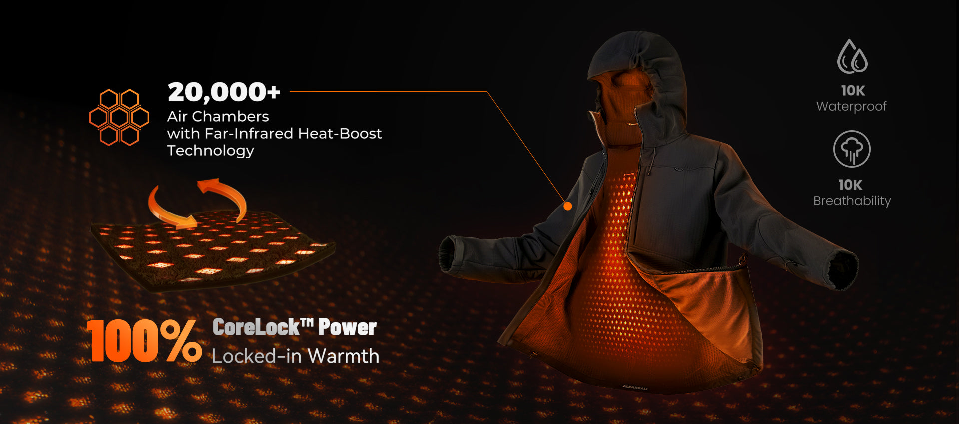 Person wearing a high-tech jacket with glowing air chambers on a dark background