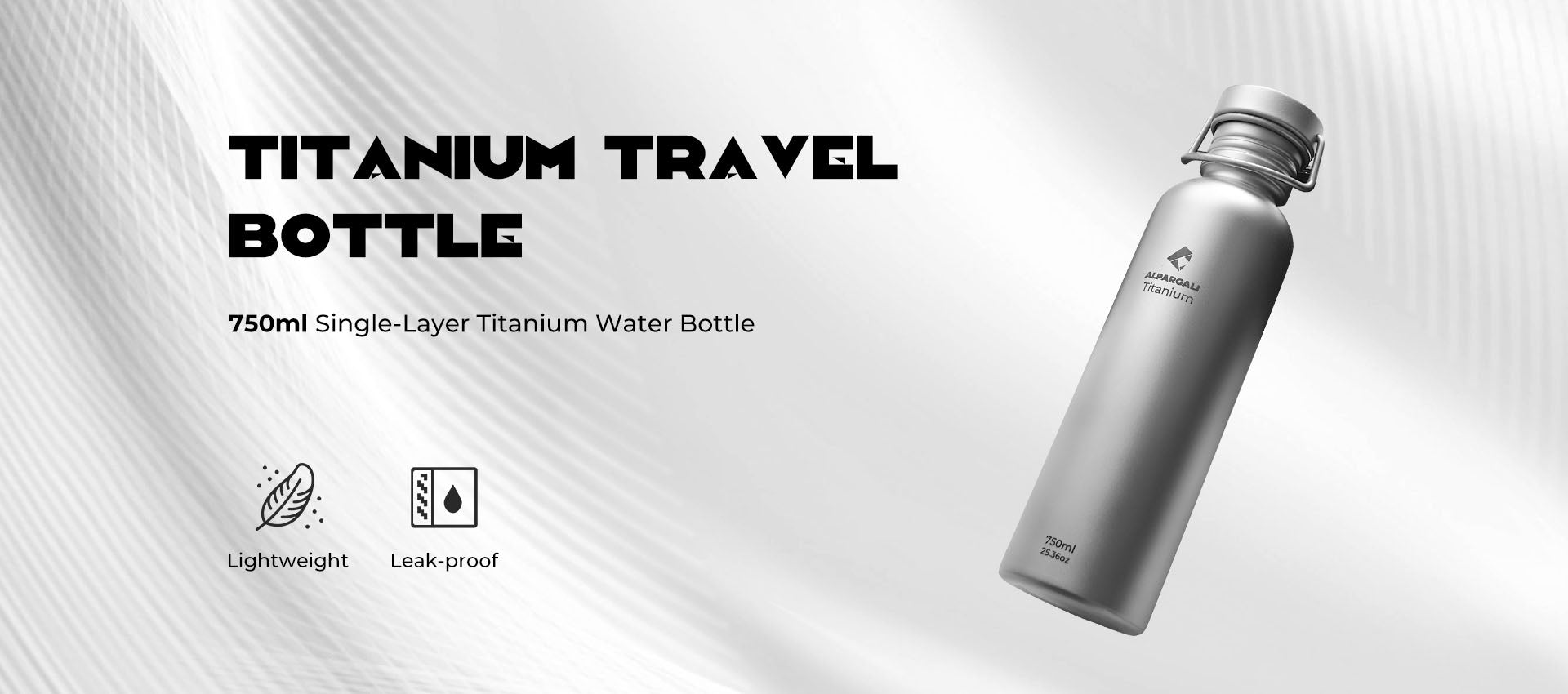 Titanium travel bottle with branding on a light gray background