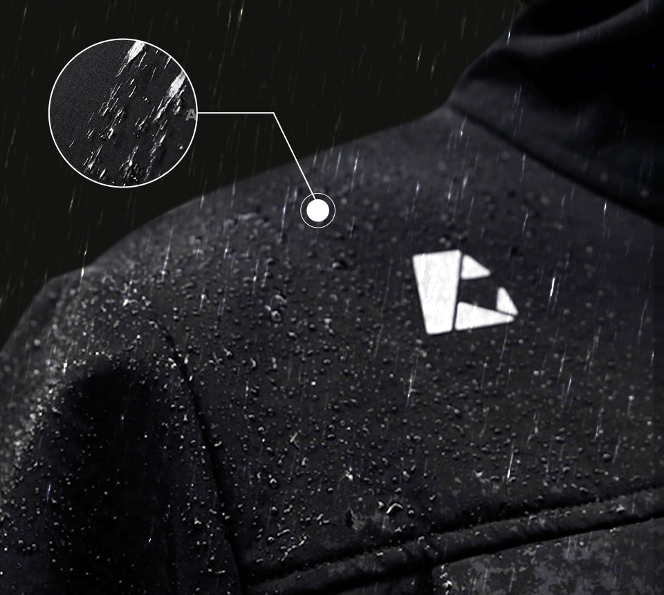 Close-up of a raincoat with water droplets and a brand logo on a dark background