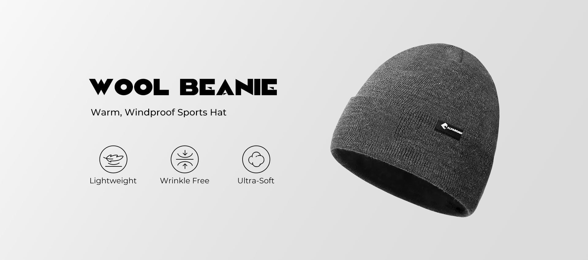 Gray wool beanie on a light gray background with product features listed.