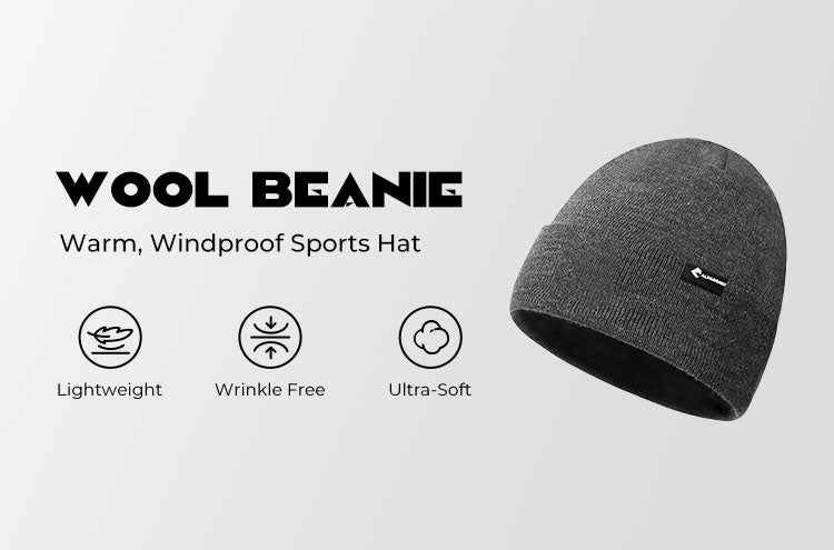 Gray wool beanie with branding on a light gray background