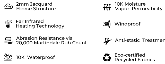 List of product features with icons and text on a white background