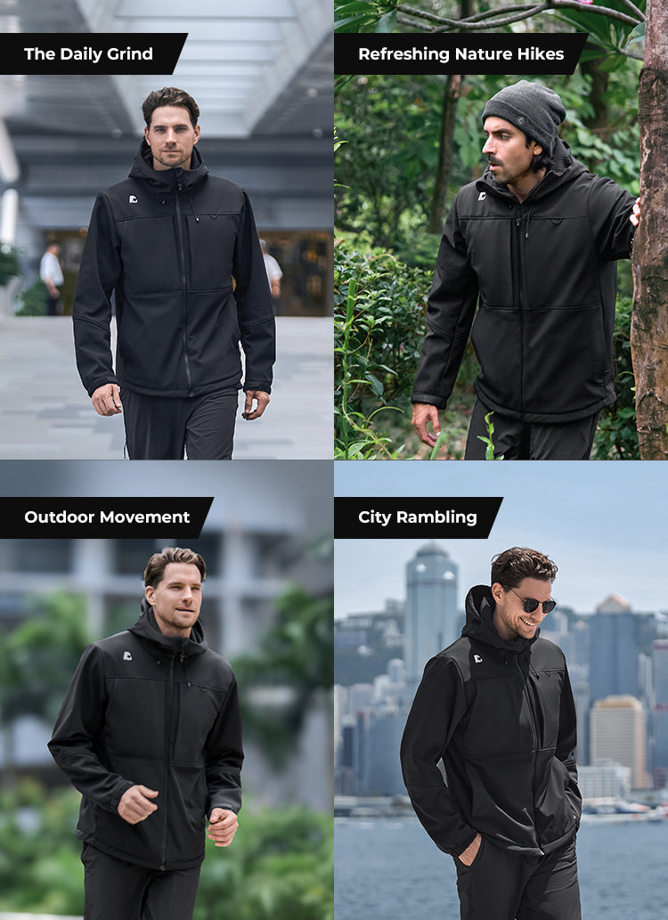 Four scenes showing a person wearing a black jacket in different settings: urban, nature, outdoor, and city.