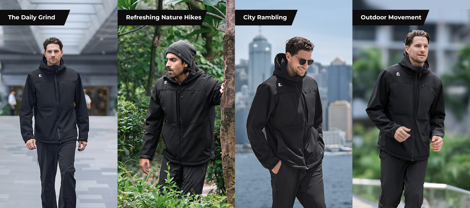 Four different scenes featuring a man wearing a black jacket with text labels above each scene.